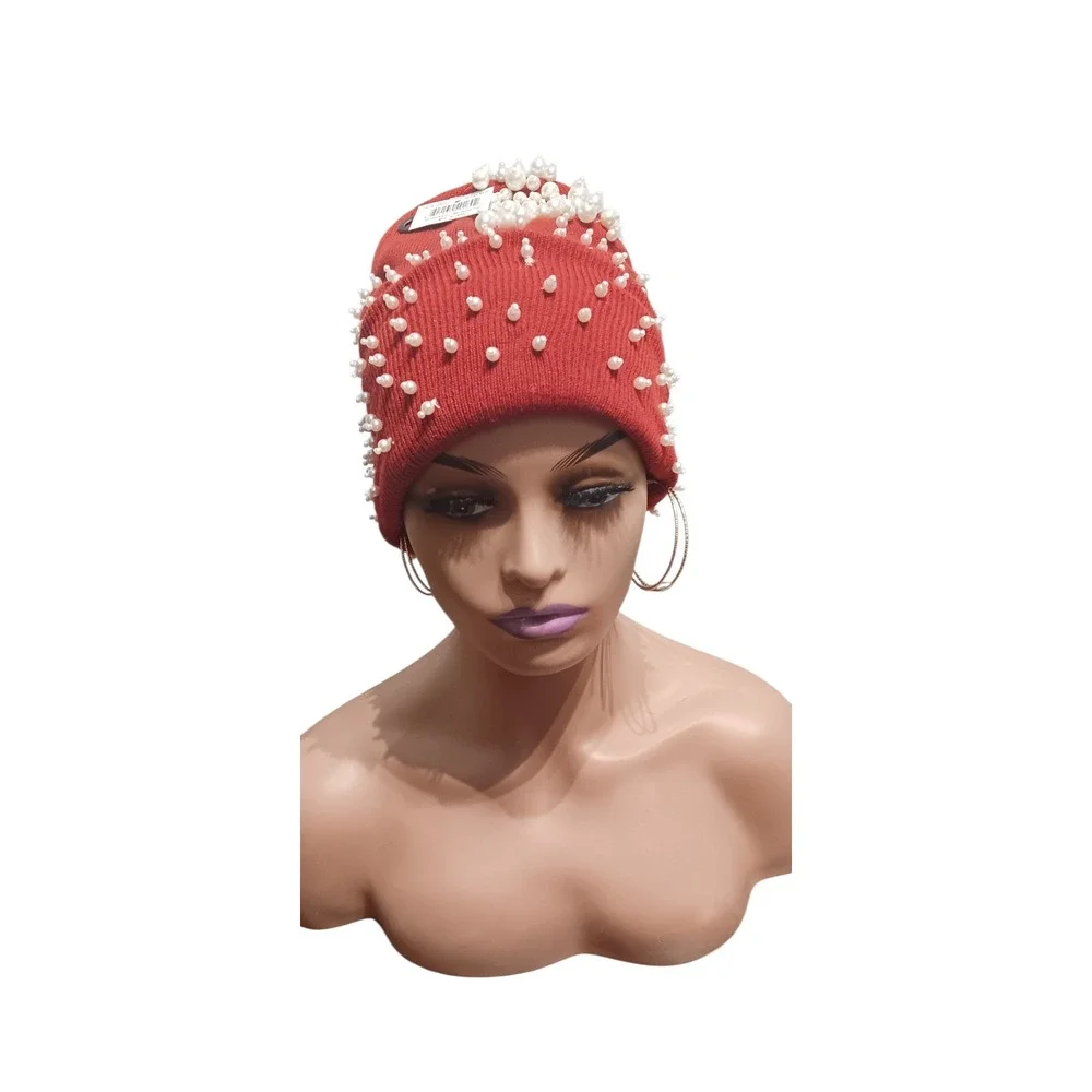 Red Burgundy Faux Pearl Hand Beaded Knit Cuffed Beanie Hat